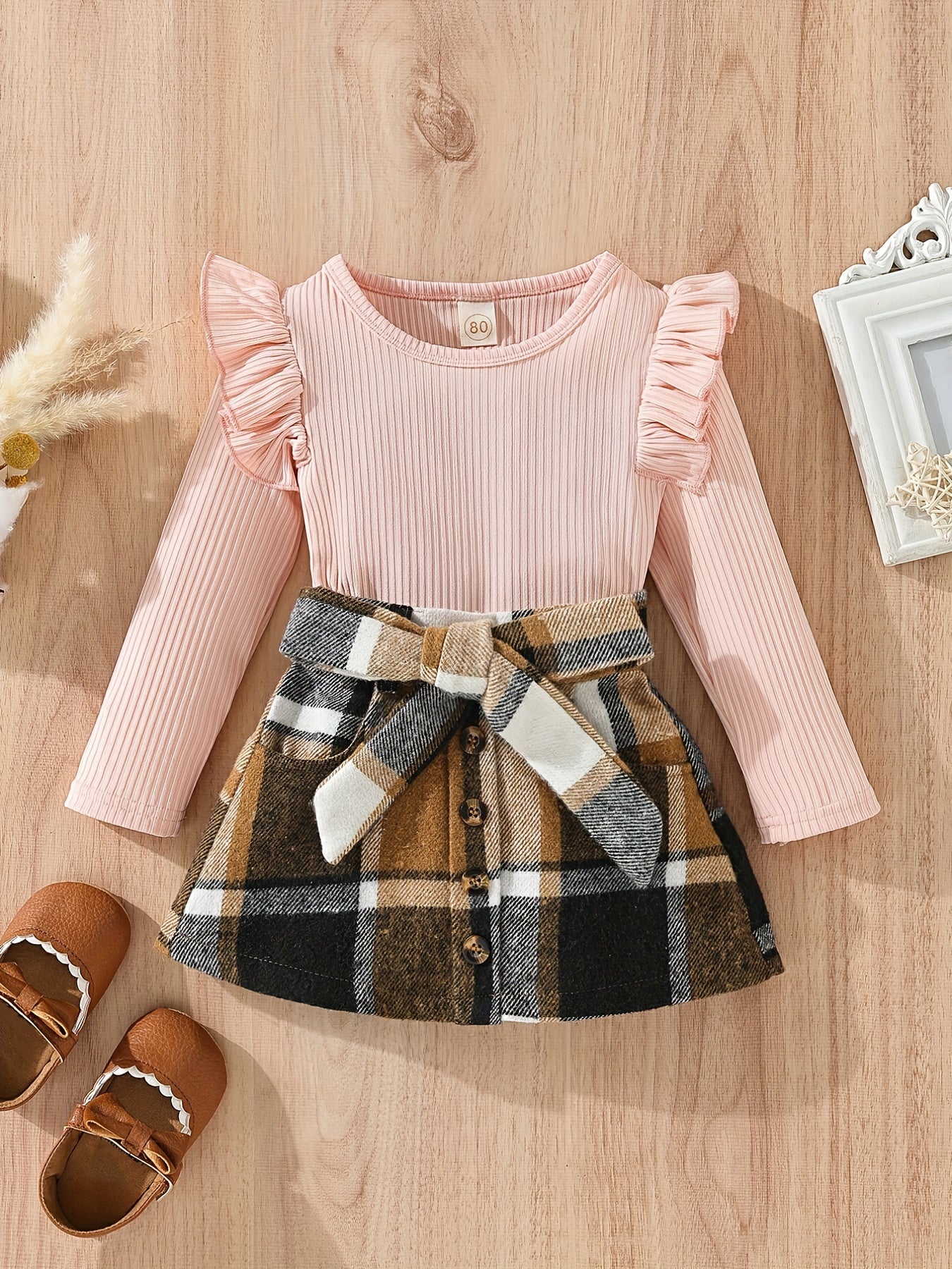 Baby Girls Knitted Ruffle Top & Plaid Skirt Set