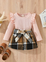 Baby Girls Knitted Ruffle Top & Plaid Skirt Set