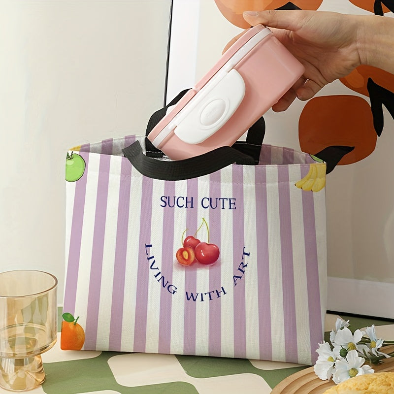 Purple Striped Cherries Lunch Bag Insulated Portable Cooler Bag