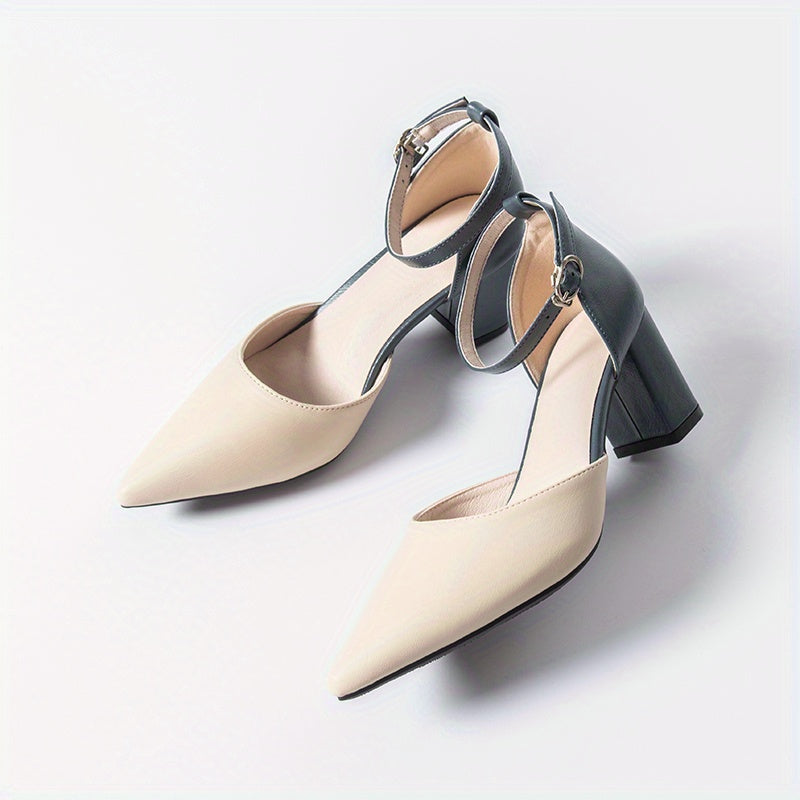 Block Heel Sandals Pointed Toe Buckle Strap Shoes Colorblock Pumps