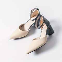 Block Heel Sandals Pointed Toe Buckle Strap Shoes Colorblock Pumps