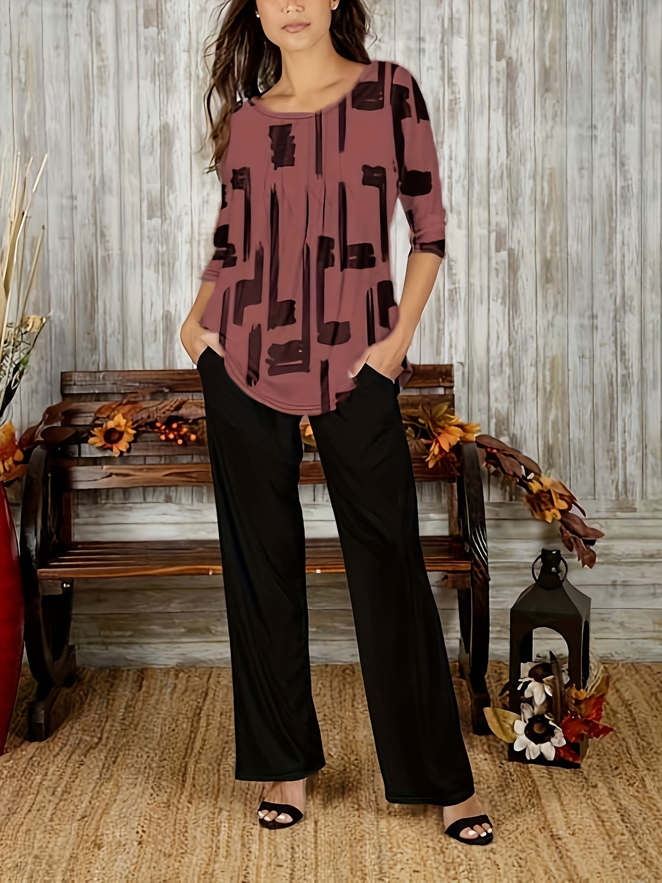 Women's Plus Brush Print Top & Pants Set