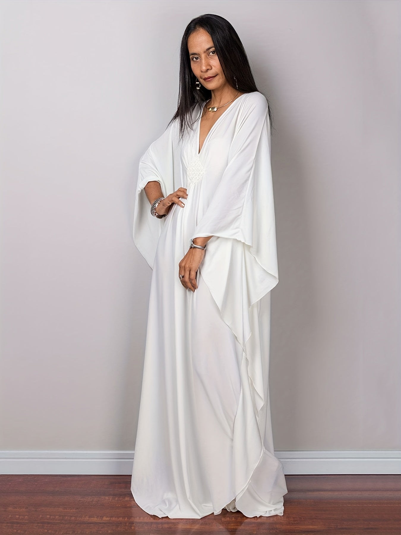 Boho Cover Up Solid Chinese Knot Bat Sleeve V Neck Maxi Dress