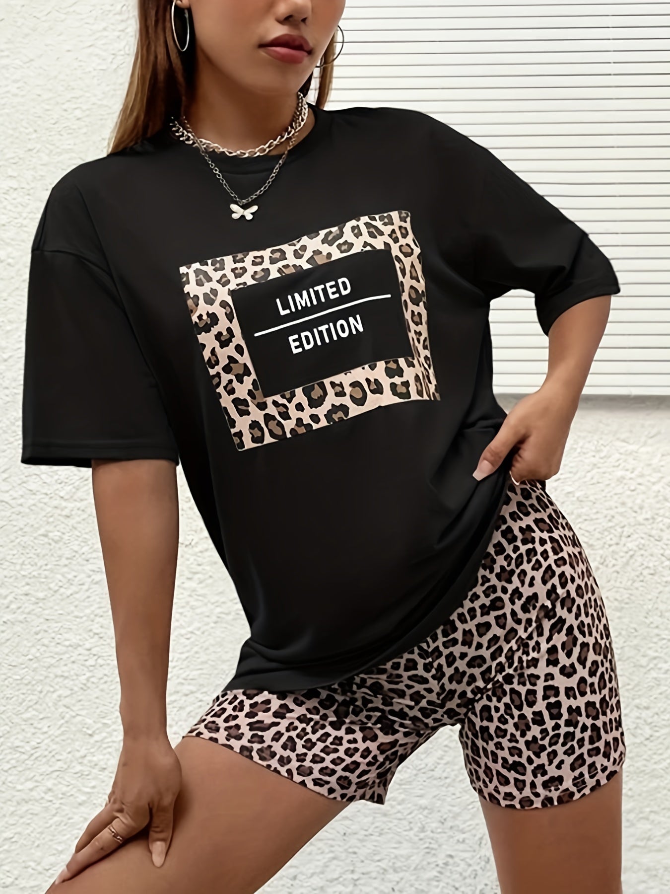 Leopard Print Lounge Set Short Sleeve Crew Neck Top & Elastic Waistband Shorts
