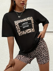 Leopard Print Lounge Set Short Sleeve Crew Neck Top & Elastic Waistband Shorts