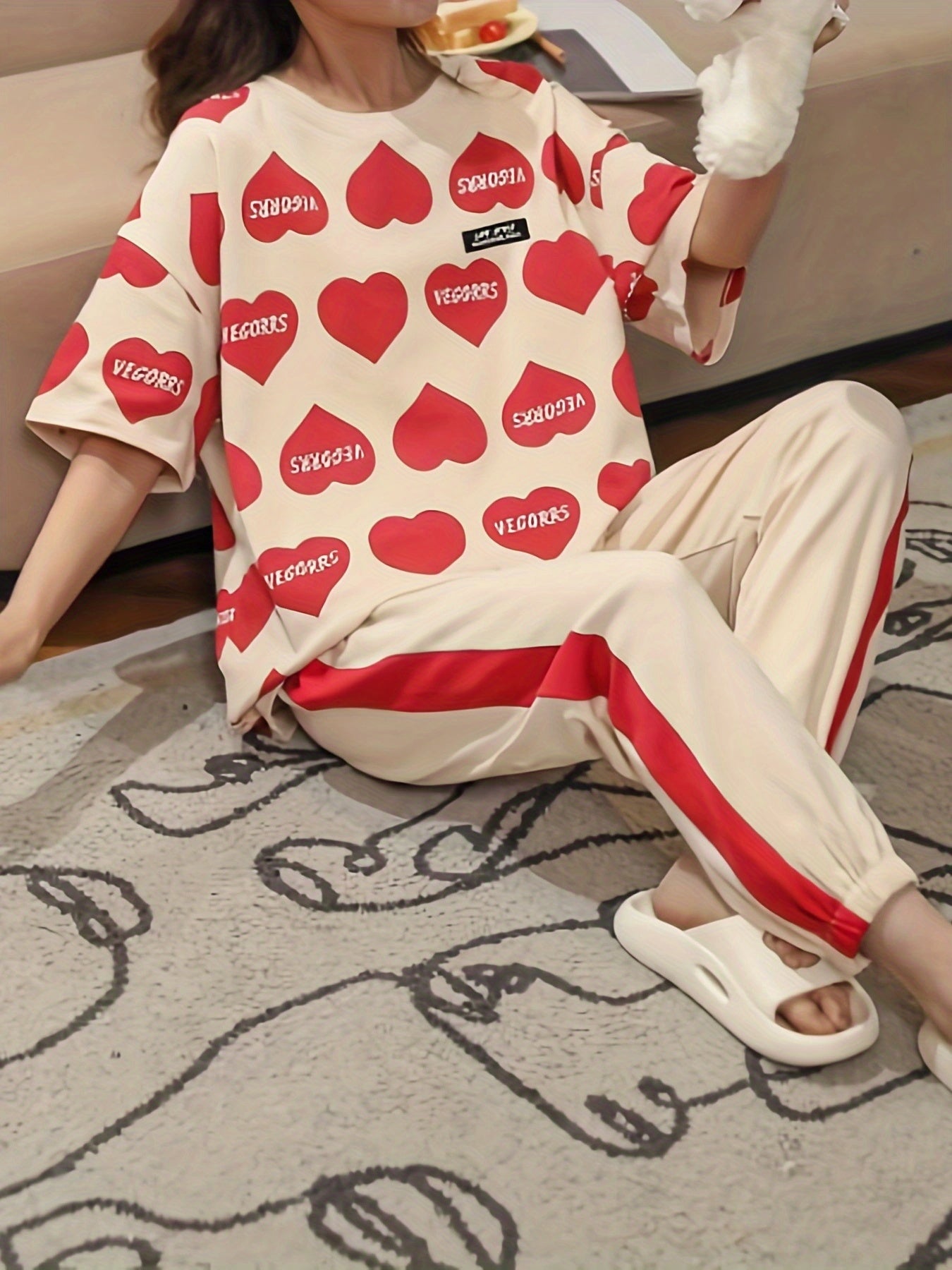 Heart Print Pajama Set Short Sleeve Crew Neck Top & Colorblock Pants