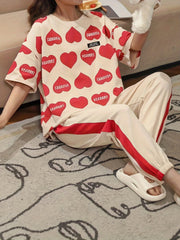 Heart Print Pajama Set Short Sleeve Crew Neck Top & Colorblock Pants