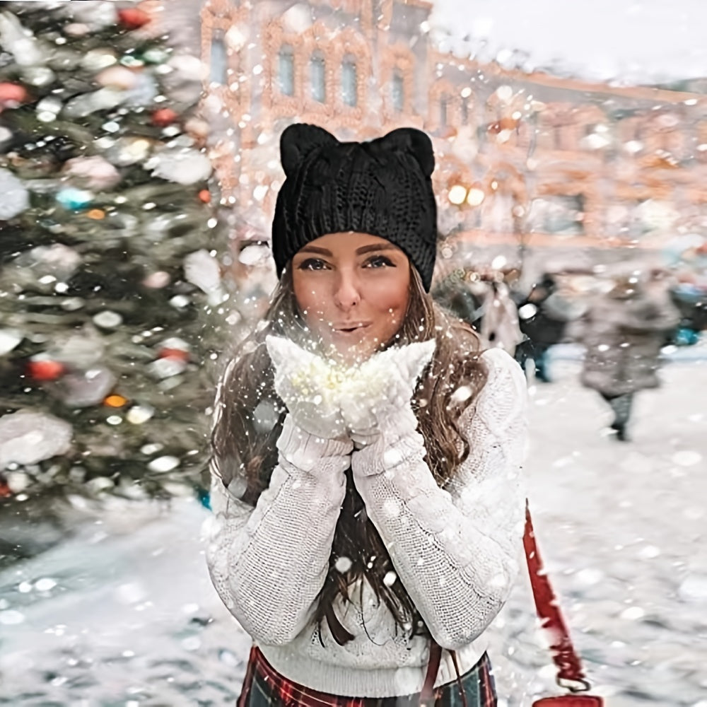 Cat Ears Knitted Beanie Hat for Women