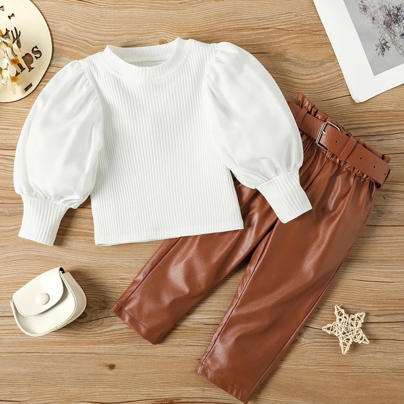 2pcs Baby Girls Ribbed Top & Leather Pants Set Kids Clothes