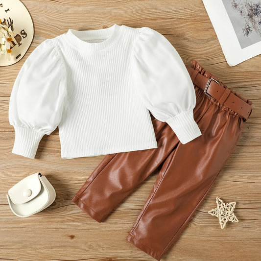 2pcs Baby Girls Ribbed Top & Leather Pants Set Kids Clothes