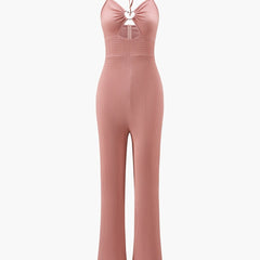 Solid Textured Halter Neck Jumpsuit Vacation Heart Shape Decor Jumpsuit