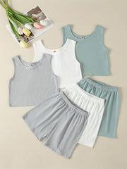 3 Sets Girls Ribbed Knit Tank Top & Shorts Summer Clothes