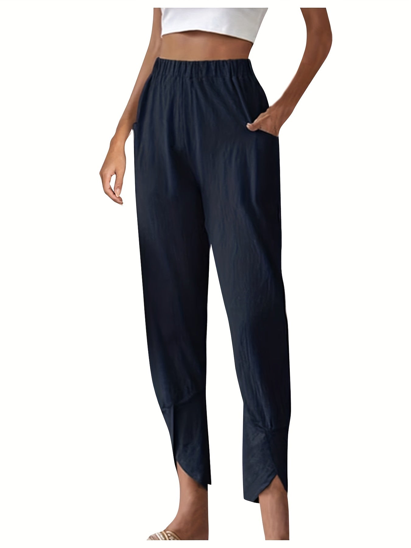 High Waist Patched Pockets Pants Casual Loose Spring Summer Womens