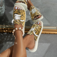 Women's Snakeskin Pattern Flat Sandals Lace Up Lightweight Summer Shoes