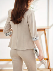 Solid Button Front Blazer Lapel Roll Up Sleeve Blazer Office Work