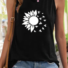 Sunflower & Insect Print Sleeveless Sports Vest Stretchy Casual Tops