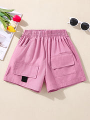 Girls Cotton Elastic Waist Sports Cargo Shorts With Pockets
