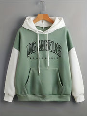 Print Block Drawstring Hoodie Women's Clothing
