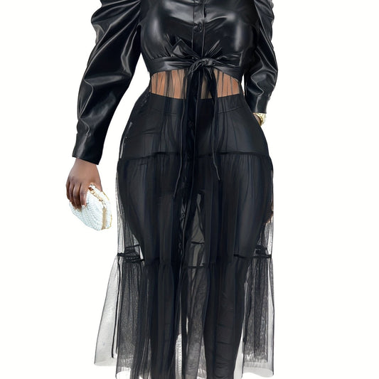 Punk Dress Women's Faux Leather Mesh Sleeve Button Up Dress