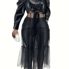 Punk Dress Women's Faux Leather Mesh Sleeve Button Up Dress