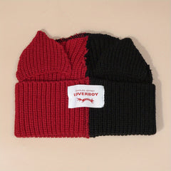Pig Ears Label Beanie Splicing Warm Knitted Hat