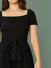 Solid Square Knit Romper Jumpsuit Casual Tie Waist Romper Jumpsuit