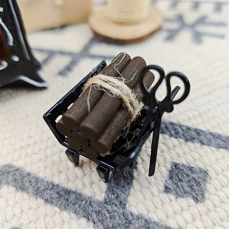 Mini Metal Fireplace w/ Wood Logs & Iron Grate Dollhouse Accessory