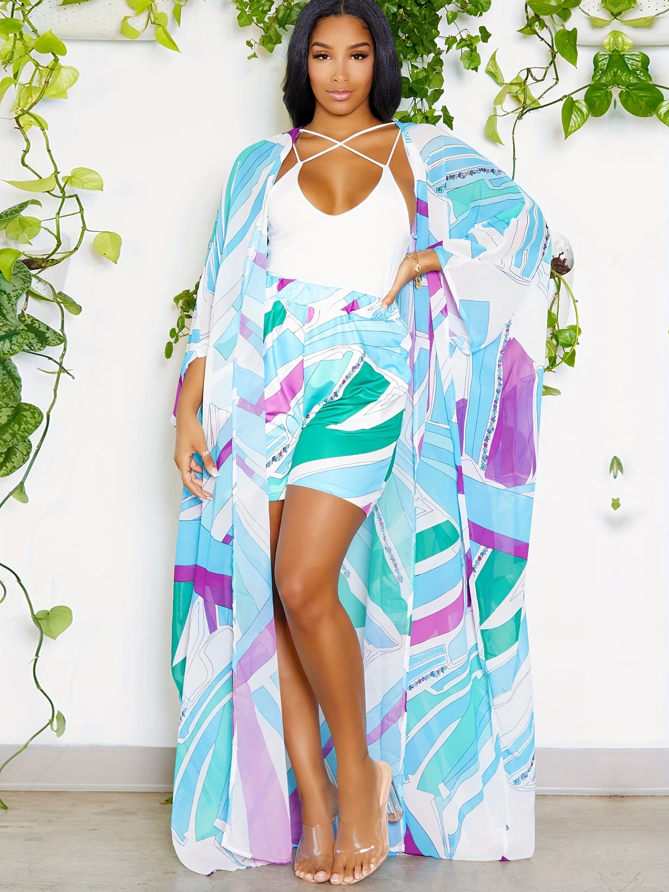 Women's Plus Geometric Print Cover Up & Shorts Set