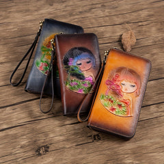 Handcrafted Leather Women's Wallet Floral & Illustration Zipper