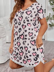Heart Leopard Print Lace Trim Sleep Tee Dress