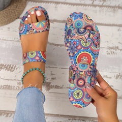 Floral Slide Sandals Double Strap Summer Flats Lightweight Beach Shoes