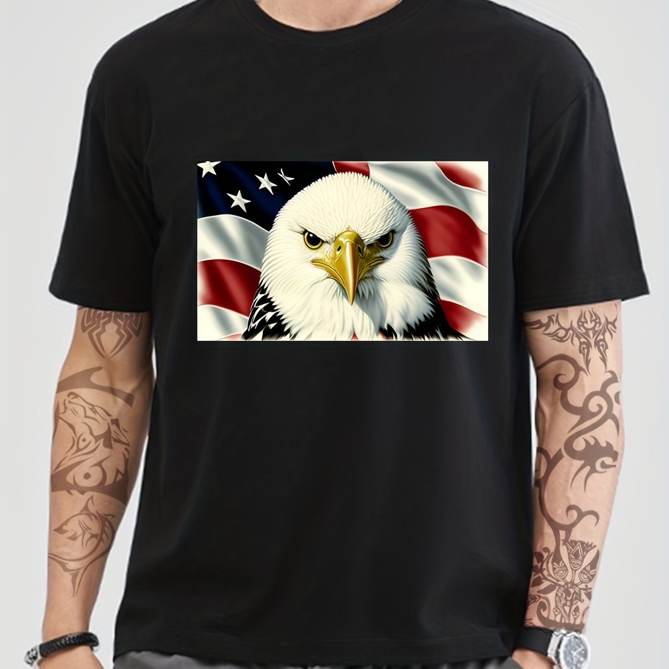 Cotton Eagle & Flag Print Men's Graphic Tee Summer Vacation Casual Top