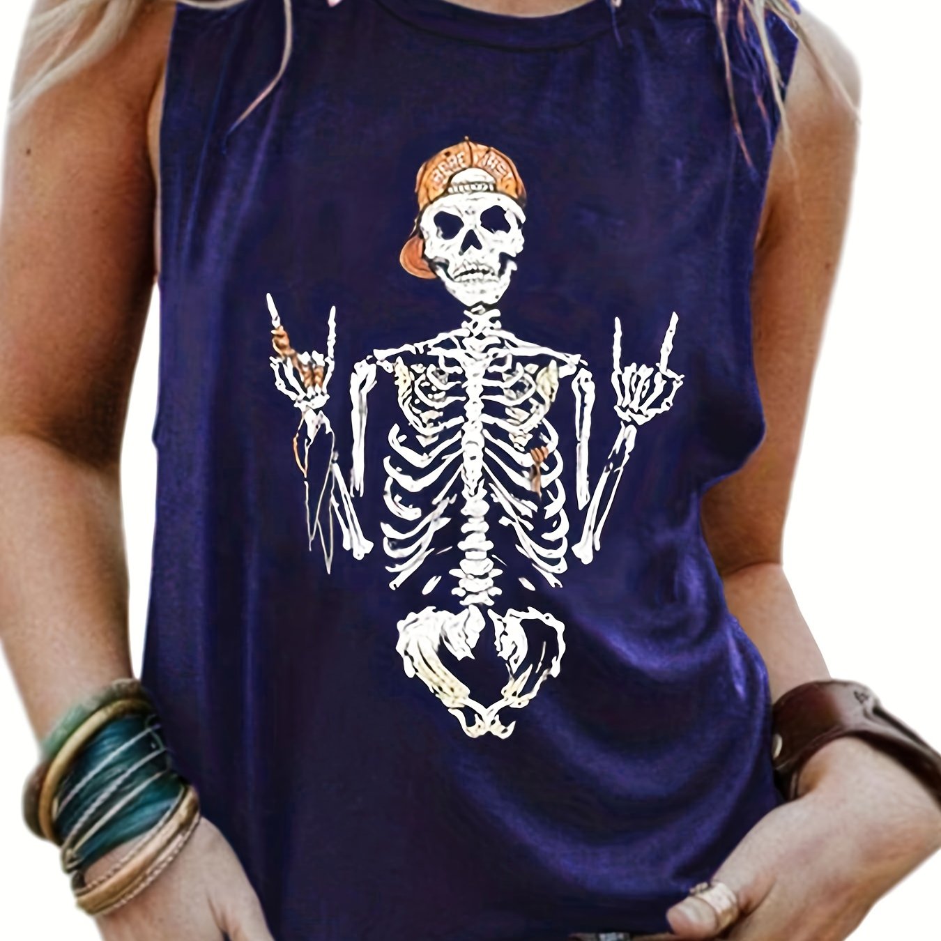Halloween Tank Top Women's Plus Funny Skull Print Round Neck