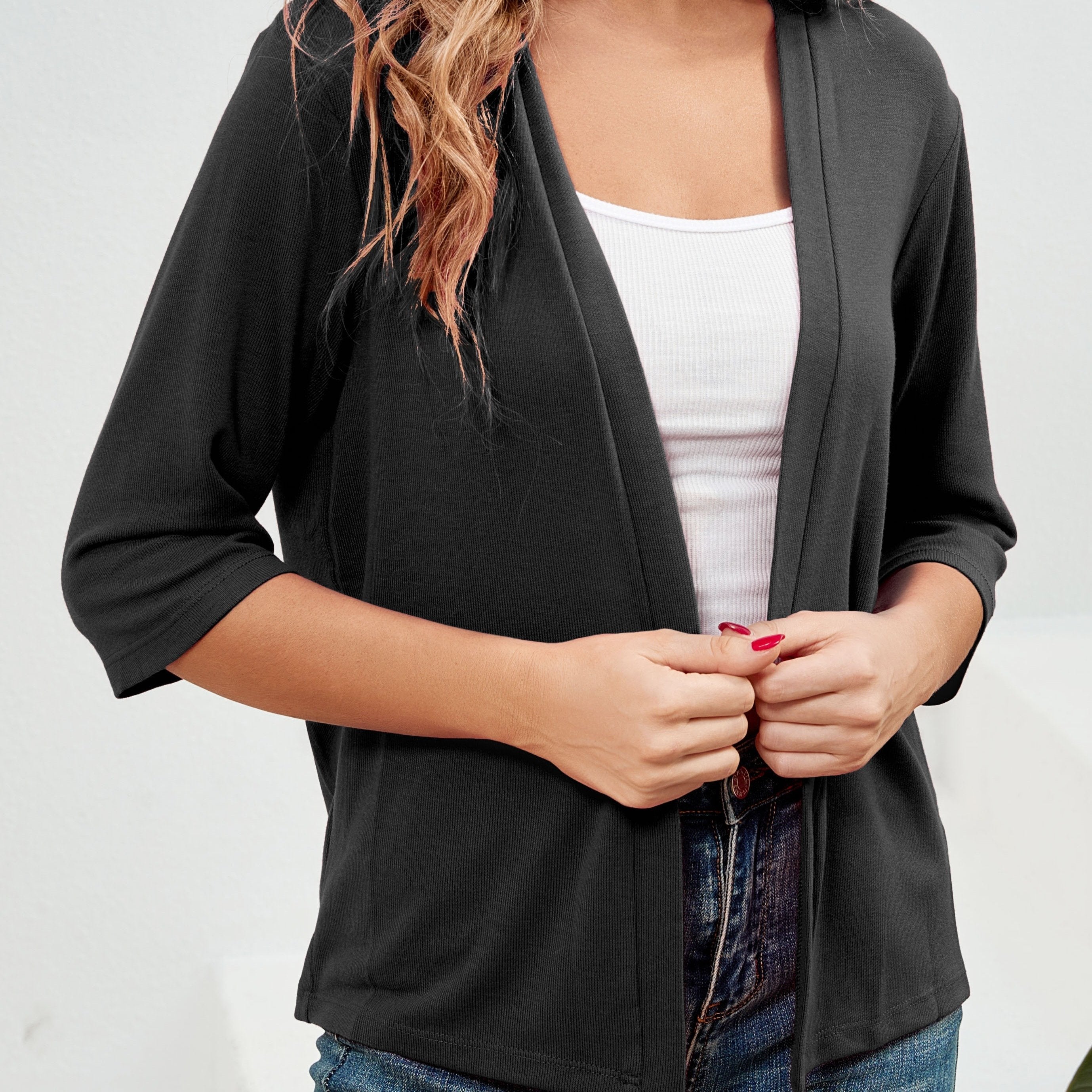 Solid 3/4 Sleeve Knit Cardigan Open Front Daily Sweater