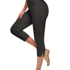 Sport Fitness Yoga Leggings With Pockets Solid Split 7 Point Pants