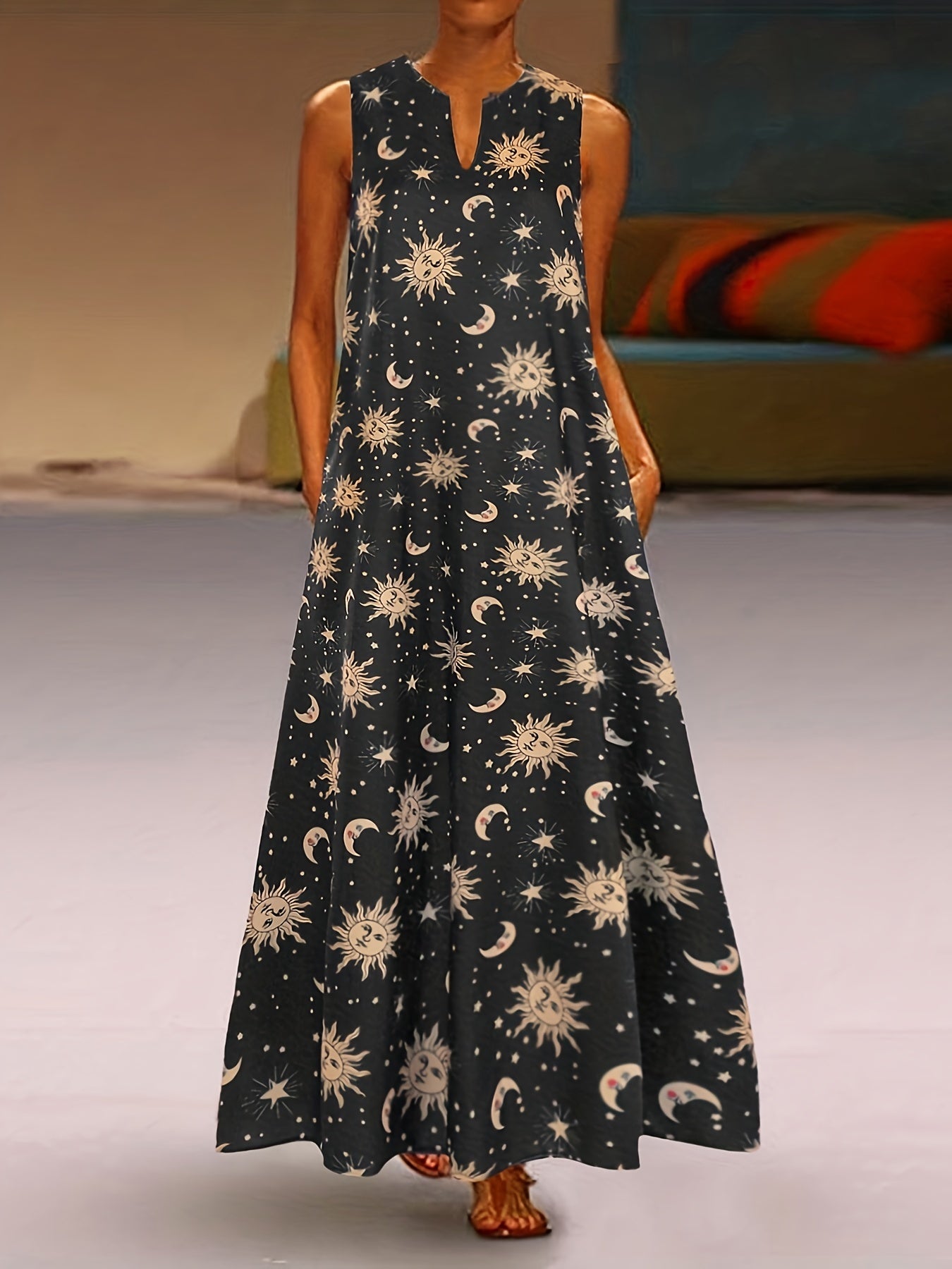 Moon & Sun Print Notched Neck Sleeveless Tank Dress