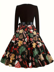 Colorblock Christmas Print Tie Front A-line Maxi Dress