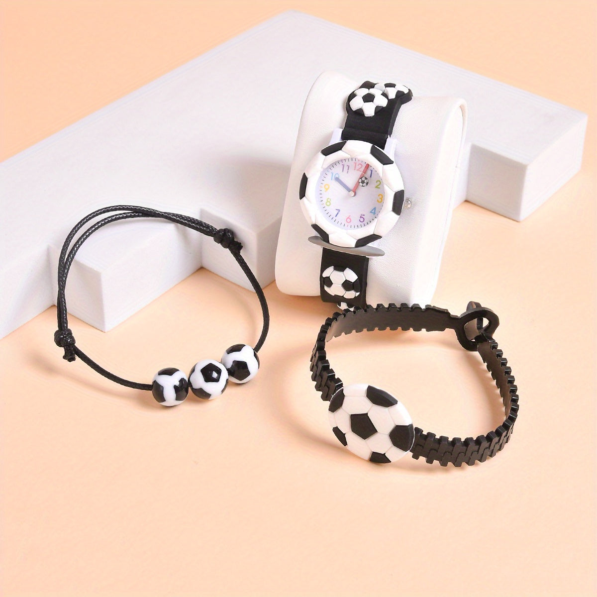 3pc Set 3D Cartoon Football Silicone Strap Boys' Quartz Watch
