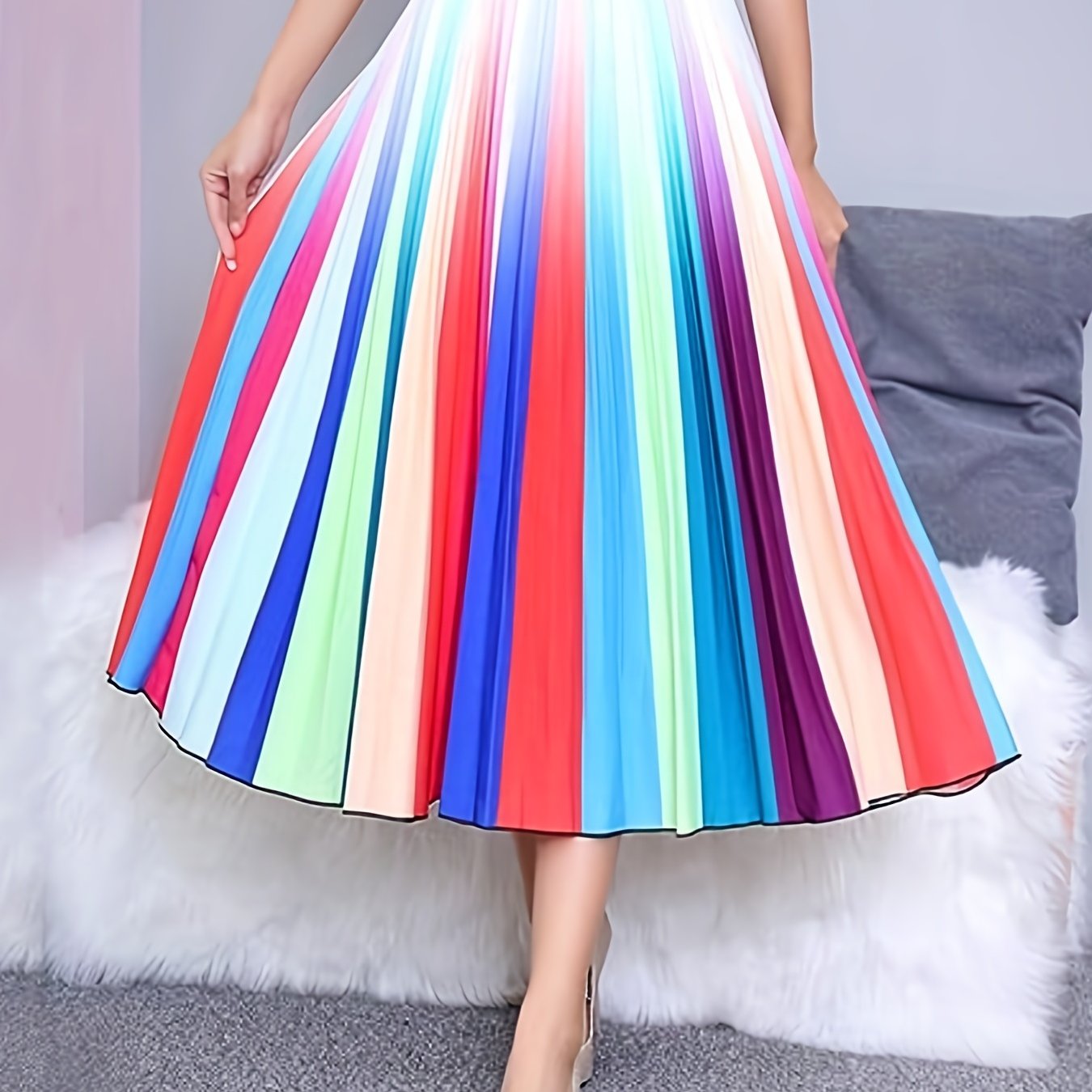 Women's Plus Ombre Stripe Print High Rise Pleated Maxi Skirt