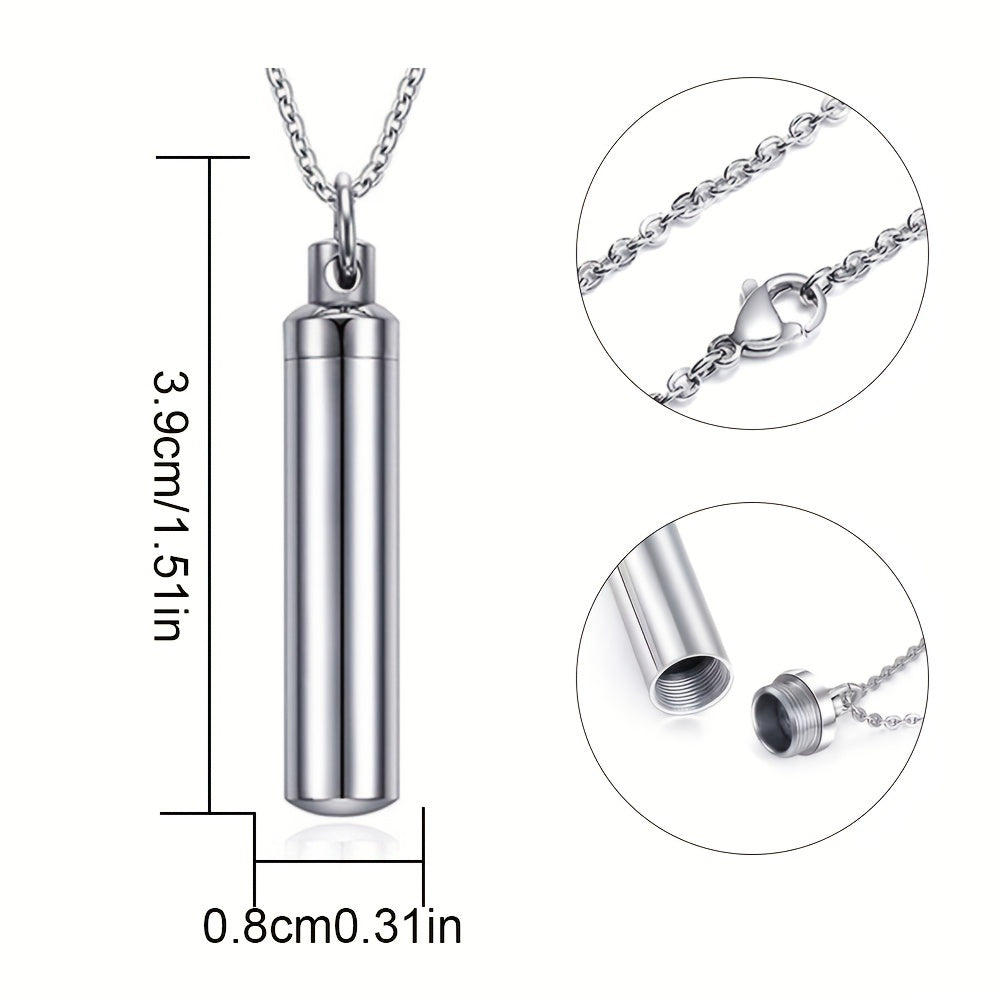 Stainless Steel Cremation Necklace for Ashes with Silver Urn Cylinder