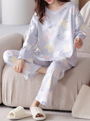 Heart Print Pajama Set Long Sleeve Crew Neck Top & Elastic Waistband Pants