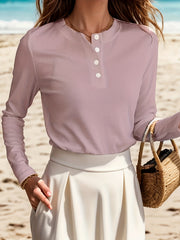 Solid Button Front T Shirt Women's Casual Long Sleeve Tee for Spring & Fall