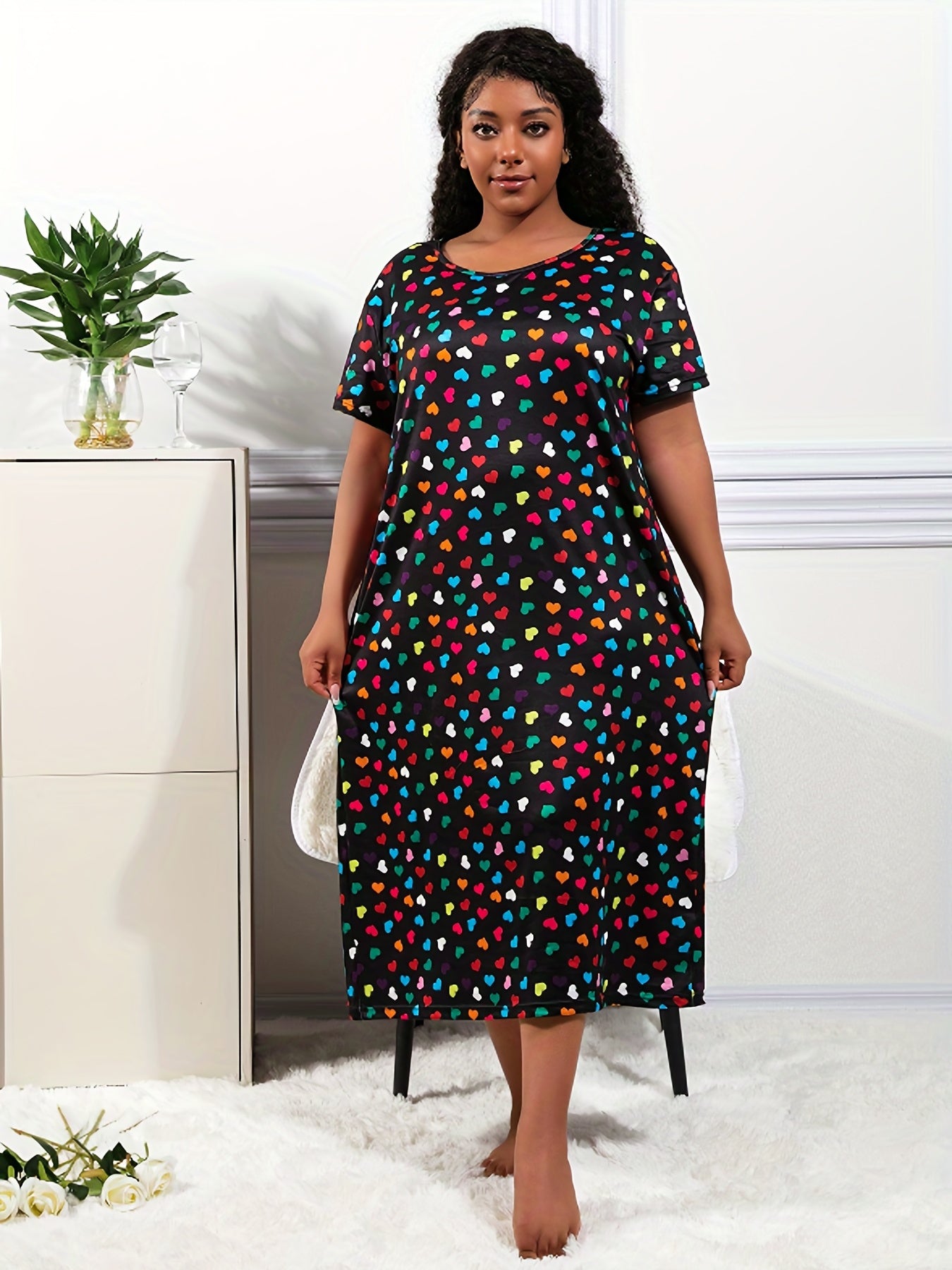 Colorful Heart Print Round Neck Stretch Nightdress