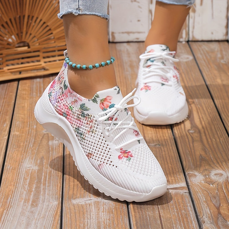 Floral Print Sock Sneakers Low Top Running Shoes Lace Up Comfortable Knit Sports