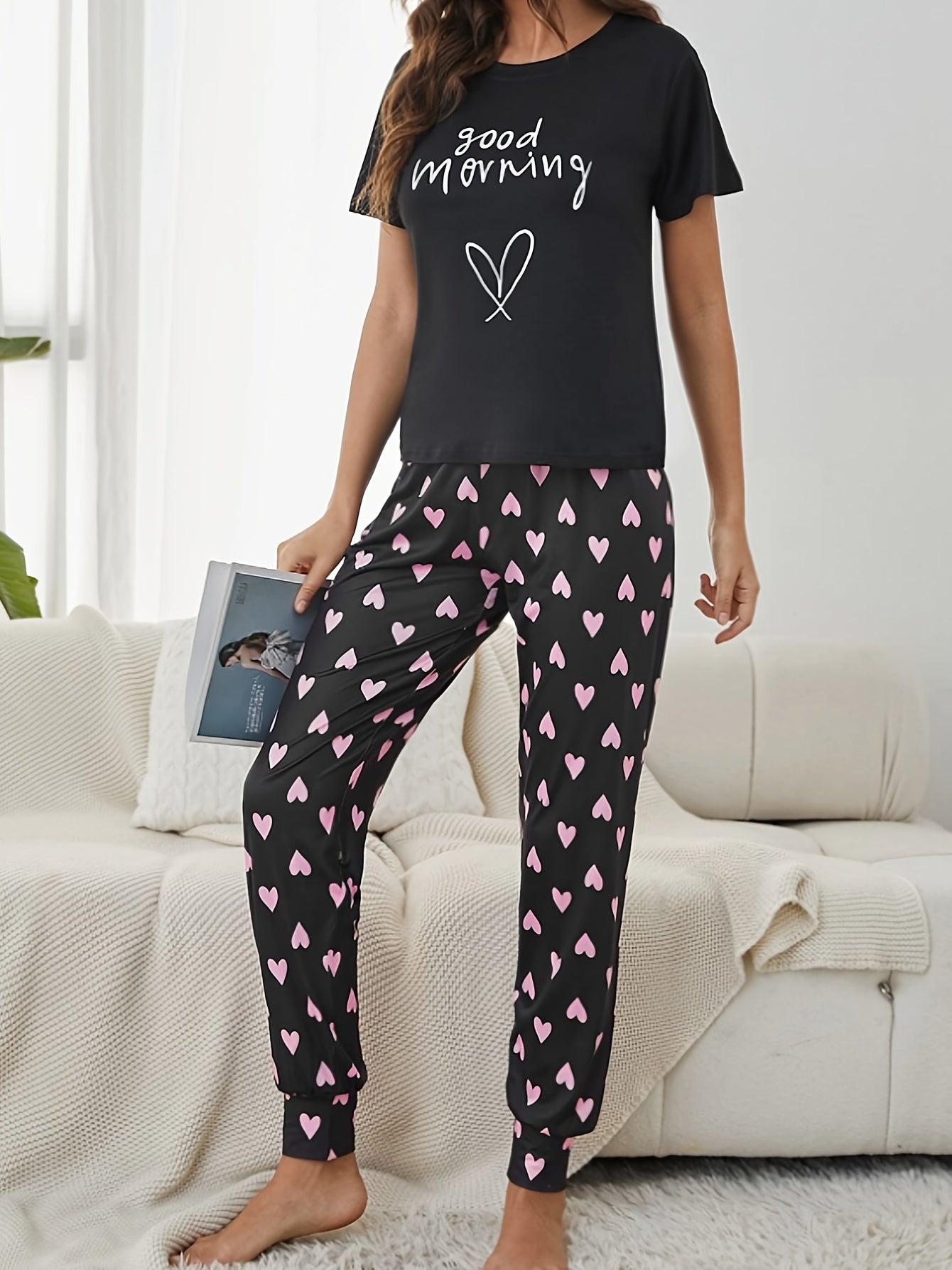 Heart Print Pajama Set Short Sleeve Crew Neck Top & Elastic Waistband Pants