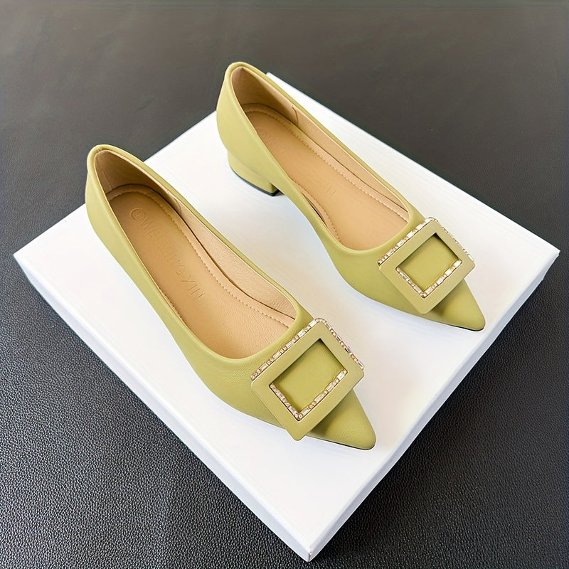 Women's Rhinestone Buckle Decor Slip On Block Heel Shoes