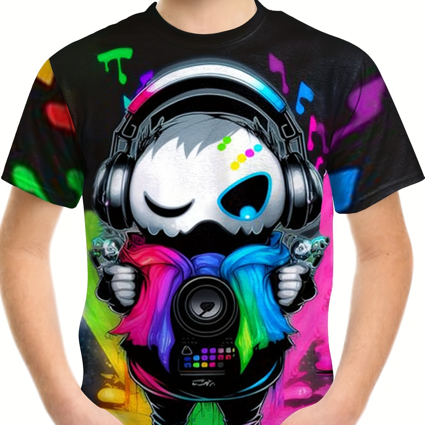 Colorful DJ Print Boy's Round Neck Casual Short Sleeve T shirt