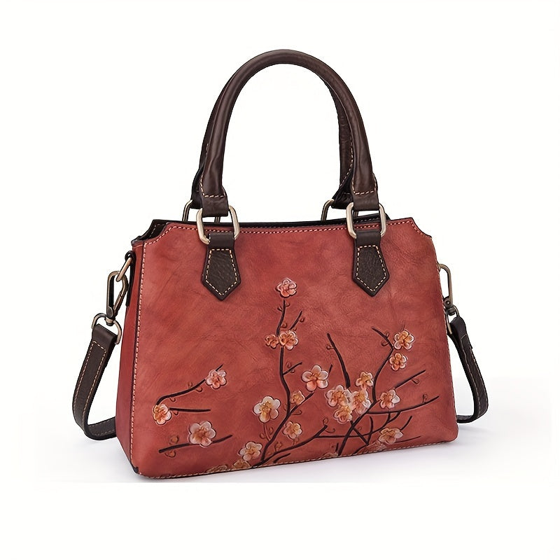 Vintage Floral Top Grain Leather Handbag Red & Coffee