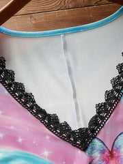 Tie Dye Butterfly Print Tank Top Lace Trim V Neck