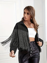 Fringe Decor Denim Jacket Long Sleeve Coat Women's Clothing
